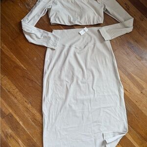 aerie Ribbed Long Sleeve Crop Top & Maxi Skirt Set in Light Taupe